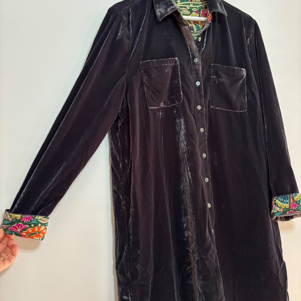 Natural Life Velvet Shirt Dress Womens L Navy Blue Floral Cuff Button Up Boho - Picture 4 of 10
